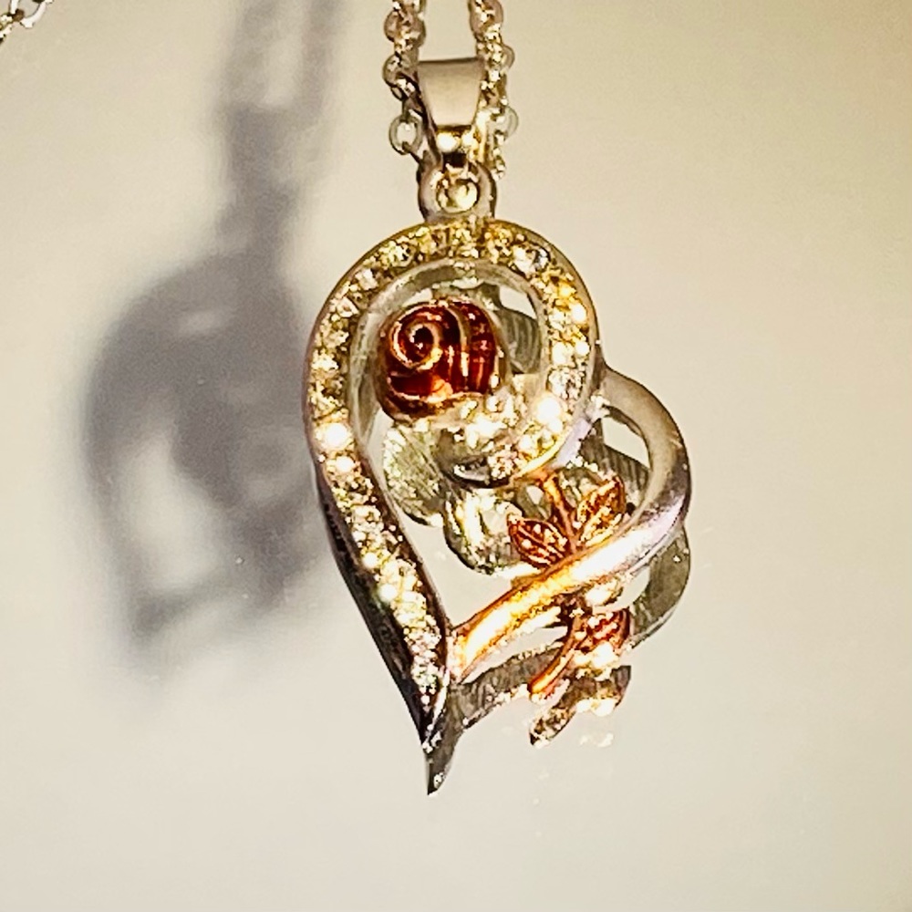 14k White Gold CZ Cubic Zircon Rose Flower Heart Pendant Necklace Chain Love - Picture 7 of 12